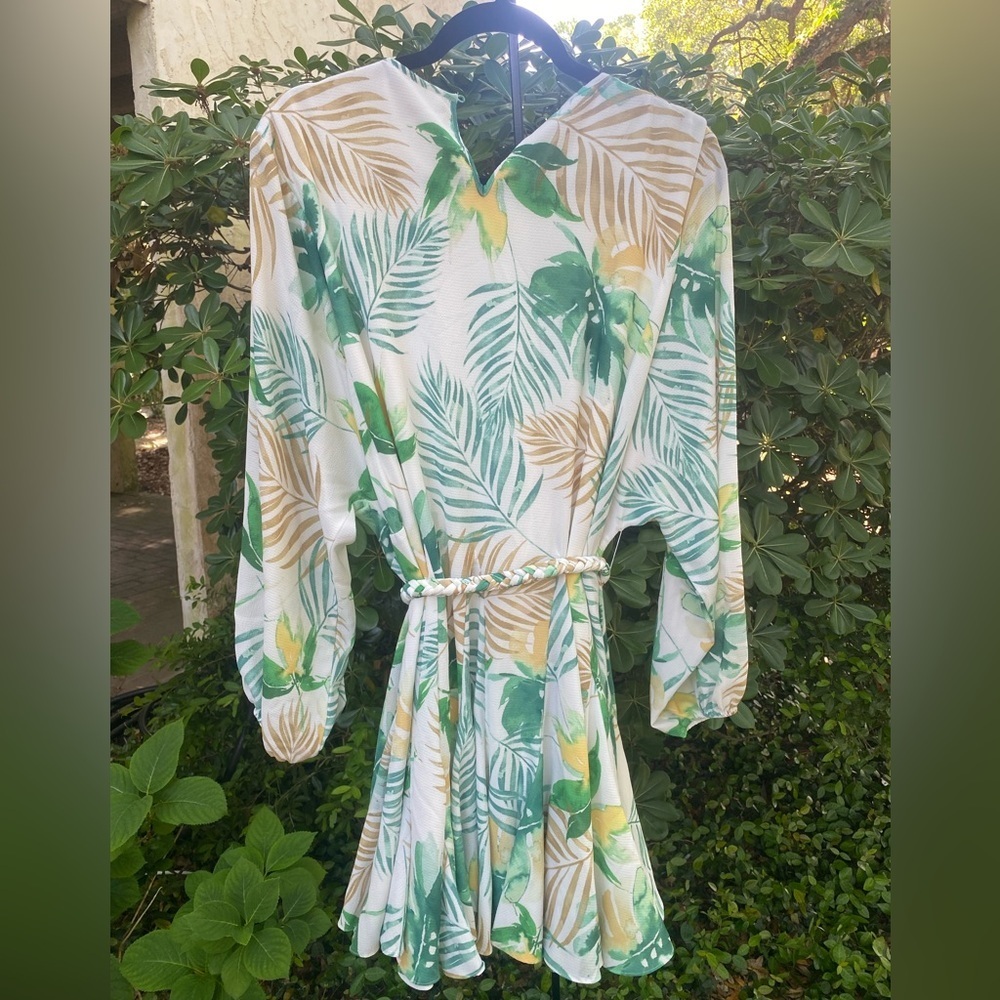 Gianni Bini White Mini Dress with Green & Tan Leaf Print - Picture 1 of 11